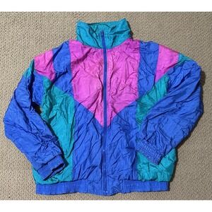 Vtg 90s Columbus Circle Windbreaker Jacket Swishy Color block Pink Teal Medium